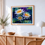 Pure water lilies at midnight paint by numbers artwork displayed on wall as home decor