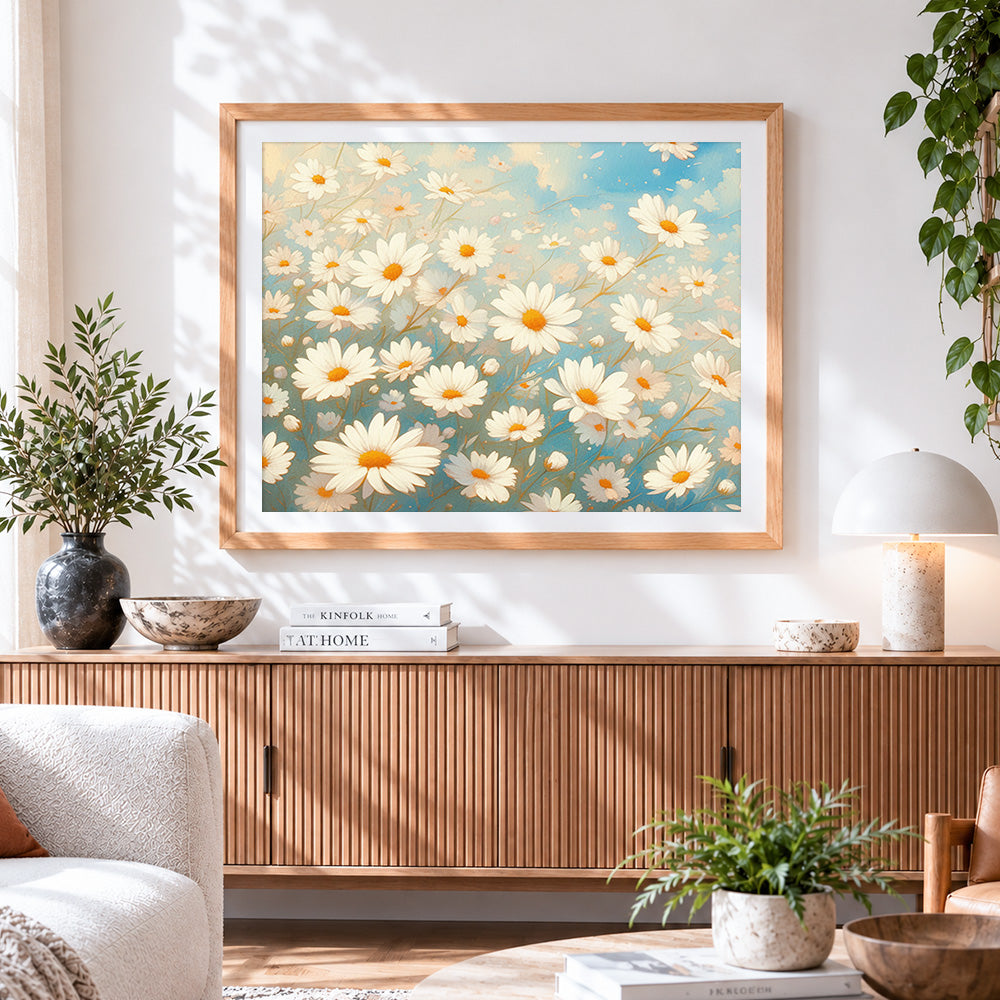 Finished pure white daisies cross stitch artwork displayed