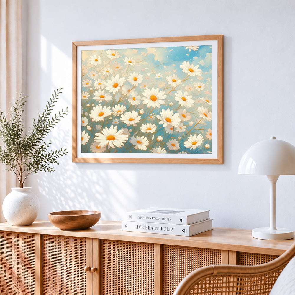 Pure white daisies paint by numbers artwork displayed on wall as home decor
