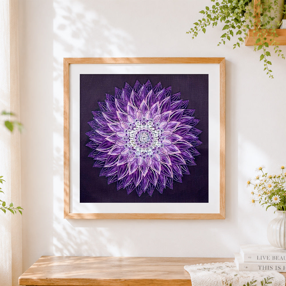 Finished purple 3D petal mandala cross stitch artwork displayed