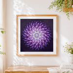 Finished purple 3D petal mandala cross stitch artwork displayed