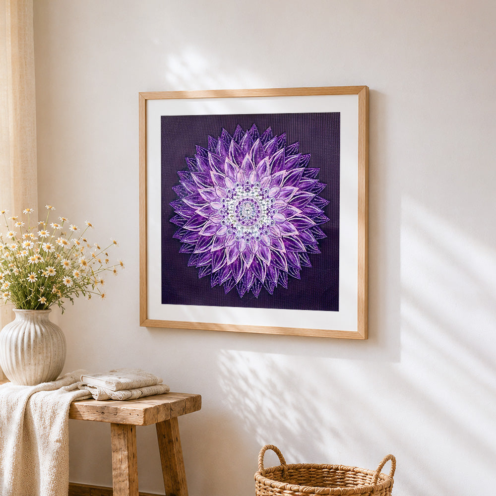 Purple 3D petal mandala cross stitch artwork displayed on wall as home decor