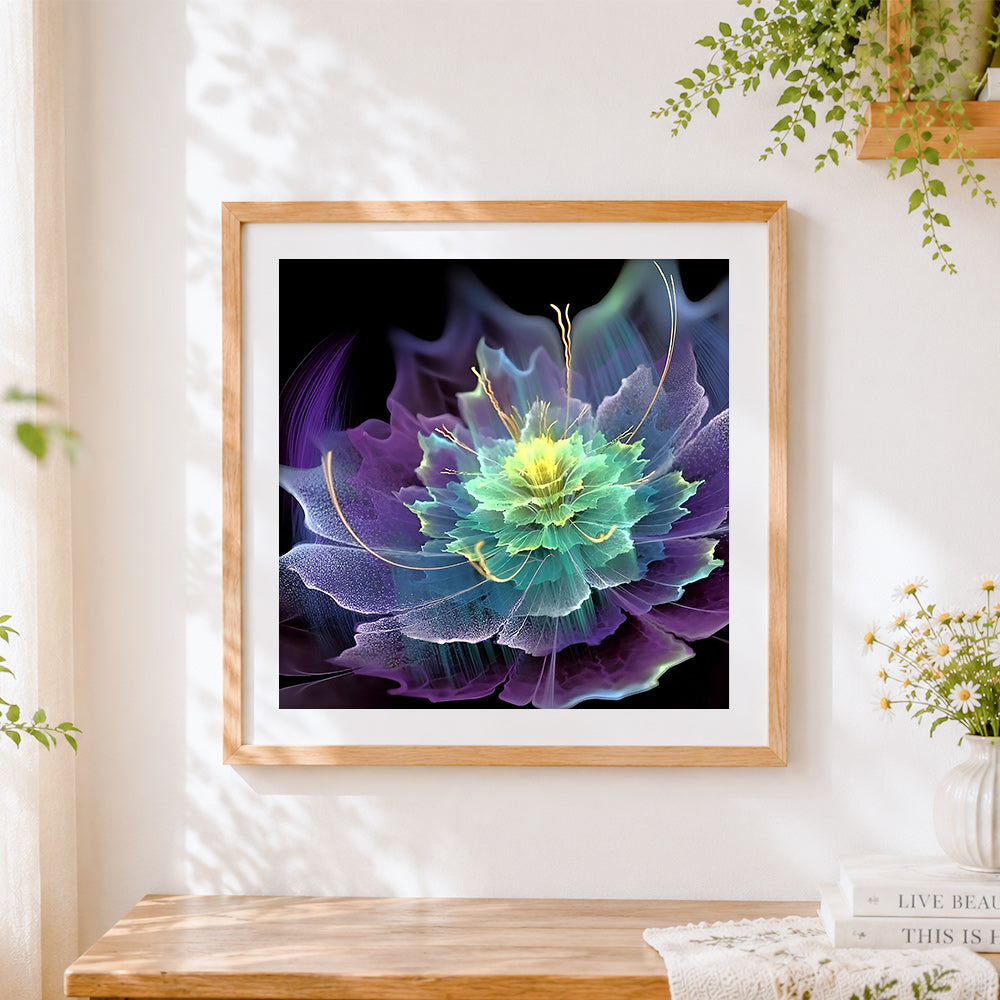Finished purple abstract flower cross stitch artwork displayed