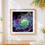 Finished purple abstract flower cross stitch artwork displayed