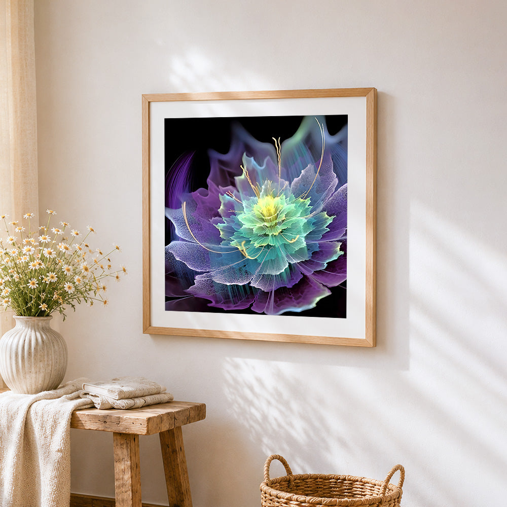 Purple abstract flower cross stitch artwork displayed on wall as home decor