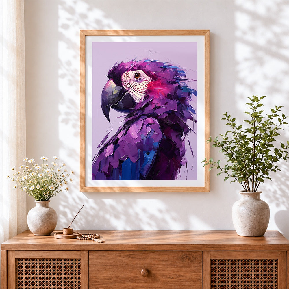 Finished purple abstract macaw cross stitch artwork displayed