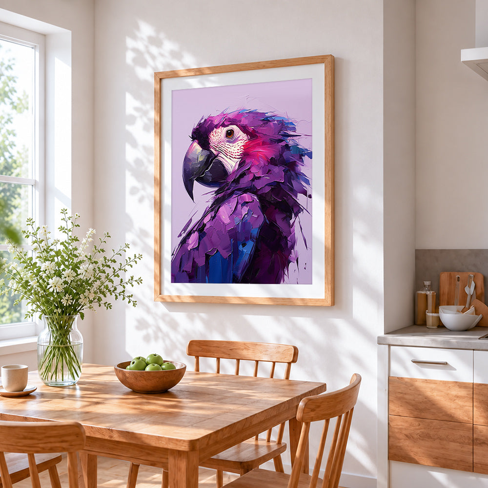 Purple abstract macaw cross stitch artwork displayed on wall as home decor