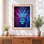 Finished purple and blue galaxy lion cross stitch artwork displayed