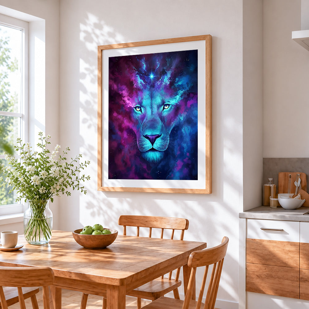 Purple and blue galaxy lion cross stitch artwork displayed on wall as home decor