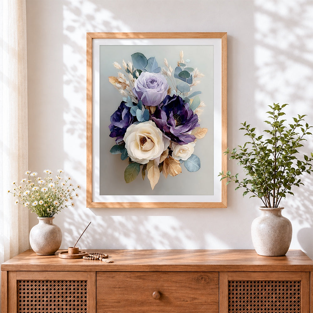 Finished purple and cream floral bouquet cross stitch artwork displayed