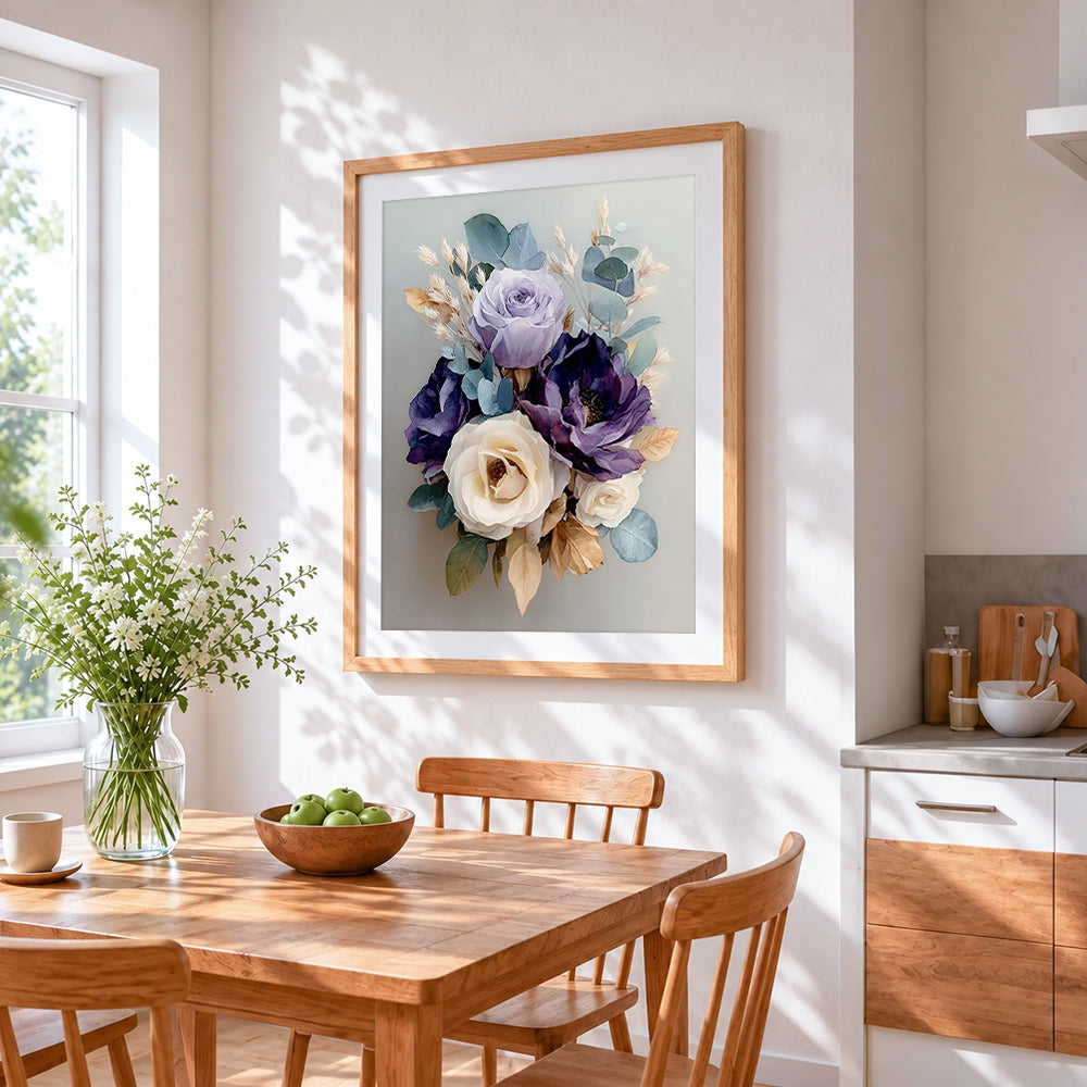 Purple and cream floral bouquet cross stitch artwork displayed on wall as home decor