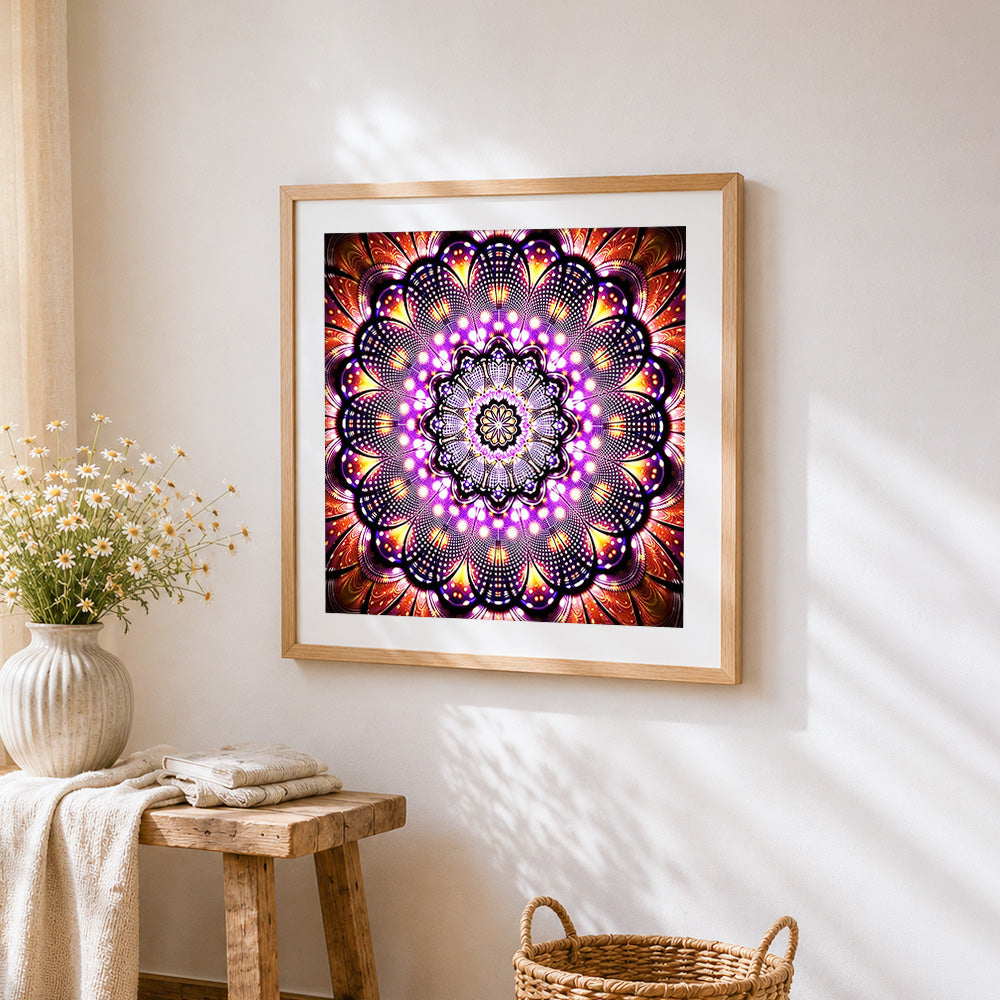 Purple and gold glowing mandala cross stitch artwork displayed on wall as home decor