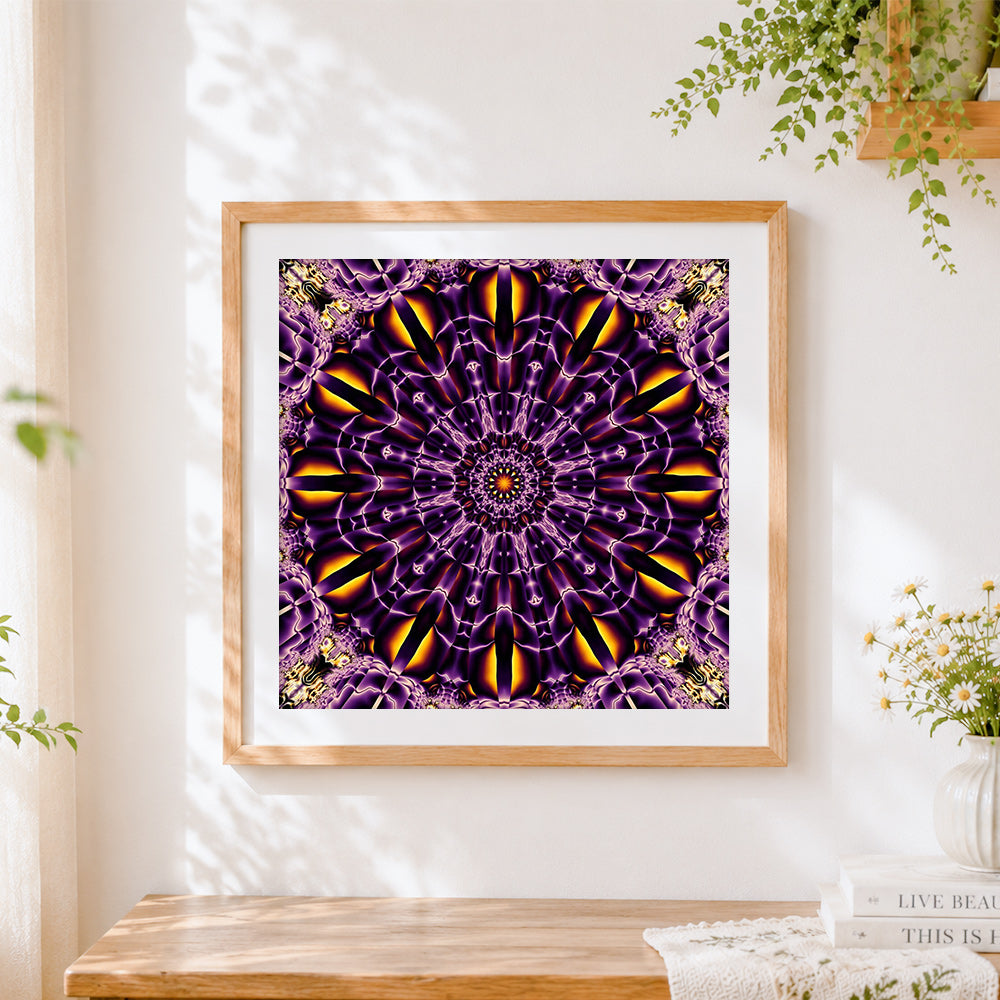 Finished purple and gold kaleidoscope mandala cross stitch artwork displayed