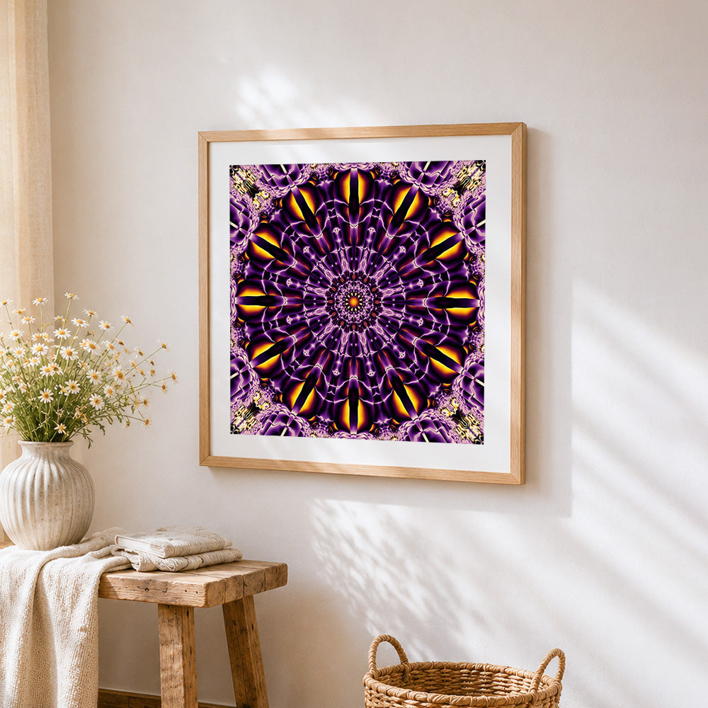 Purple and gold kaleidoscope mandala cross stitch artwork displayed on wall as home decor
