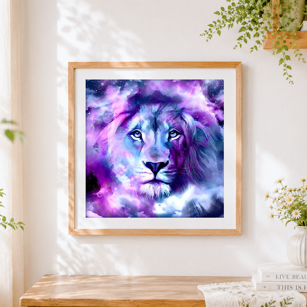 Finished purple and pink cosmic lion cross stitch artwork displayed