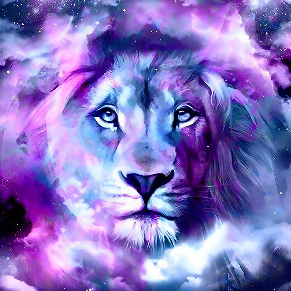 Purple and pink cosmic lion cross stitch kit for beginners