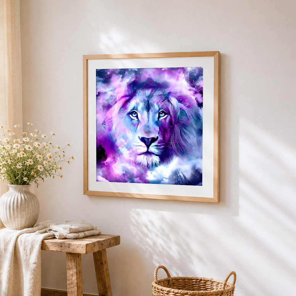 Purple and pink cosmic lion cross stitch artwork displayed on wall as home decor