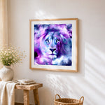 Purple and pink cosmic lion paint by numbers artwork displayed on wall as home decor