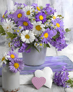 Purple and white daisies still life cross stitch kit for beginners