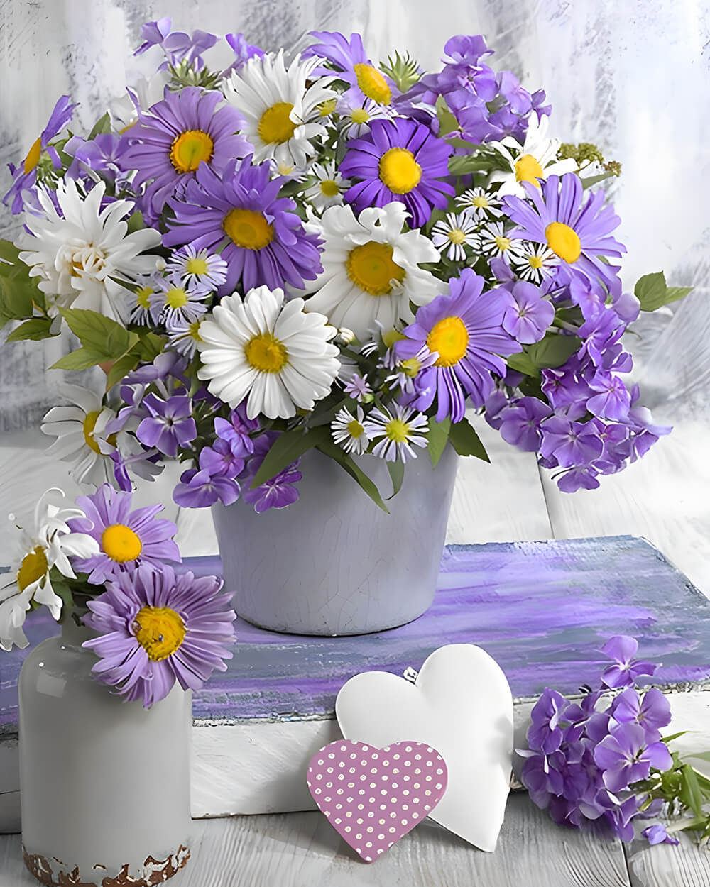 Purple and white daisies still life cross stitch kit for beginners