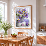 Purple and white daisies still life cross stitch artwork displayed on wall as home decor
