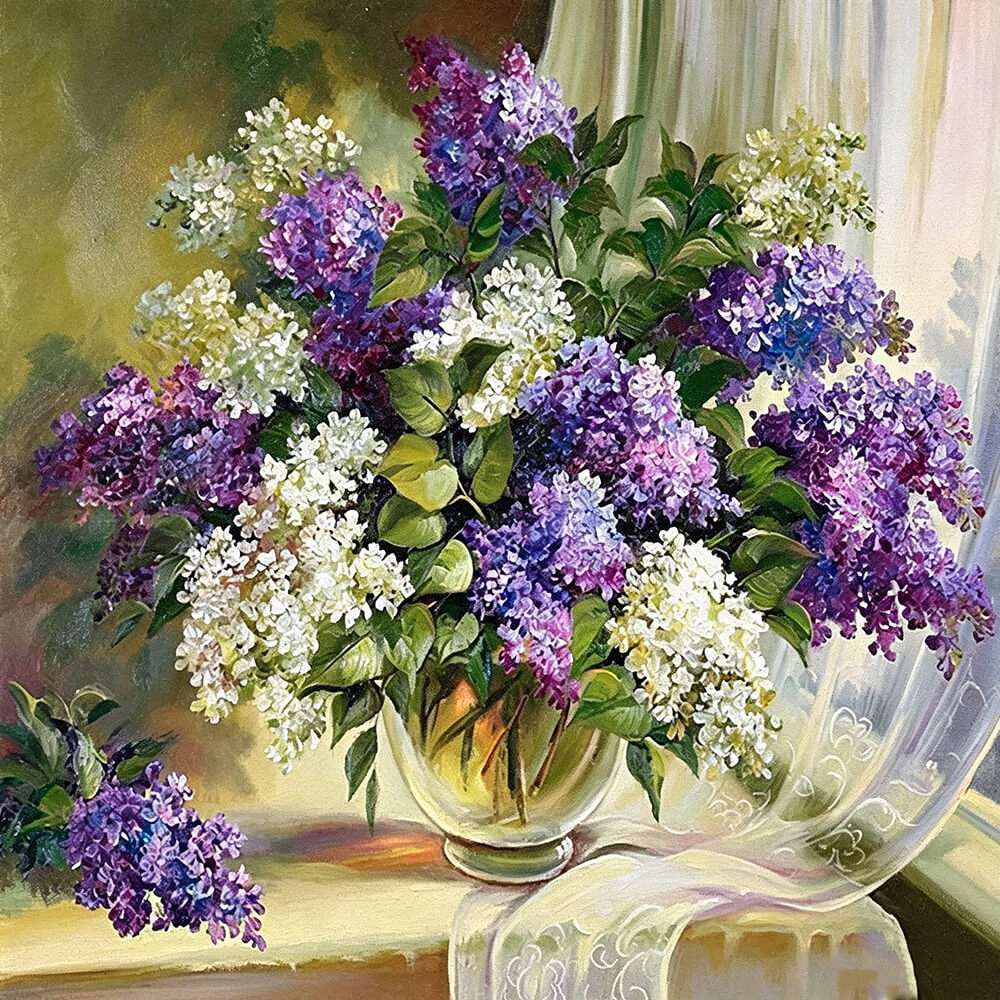 Purple and white lilacs in a vase cross stitch kit for beginners