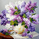Purple and white lilacs still life cross stitch kit for beginners