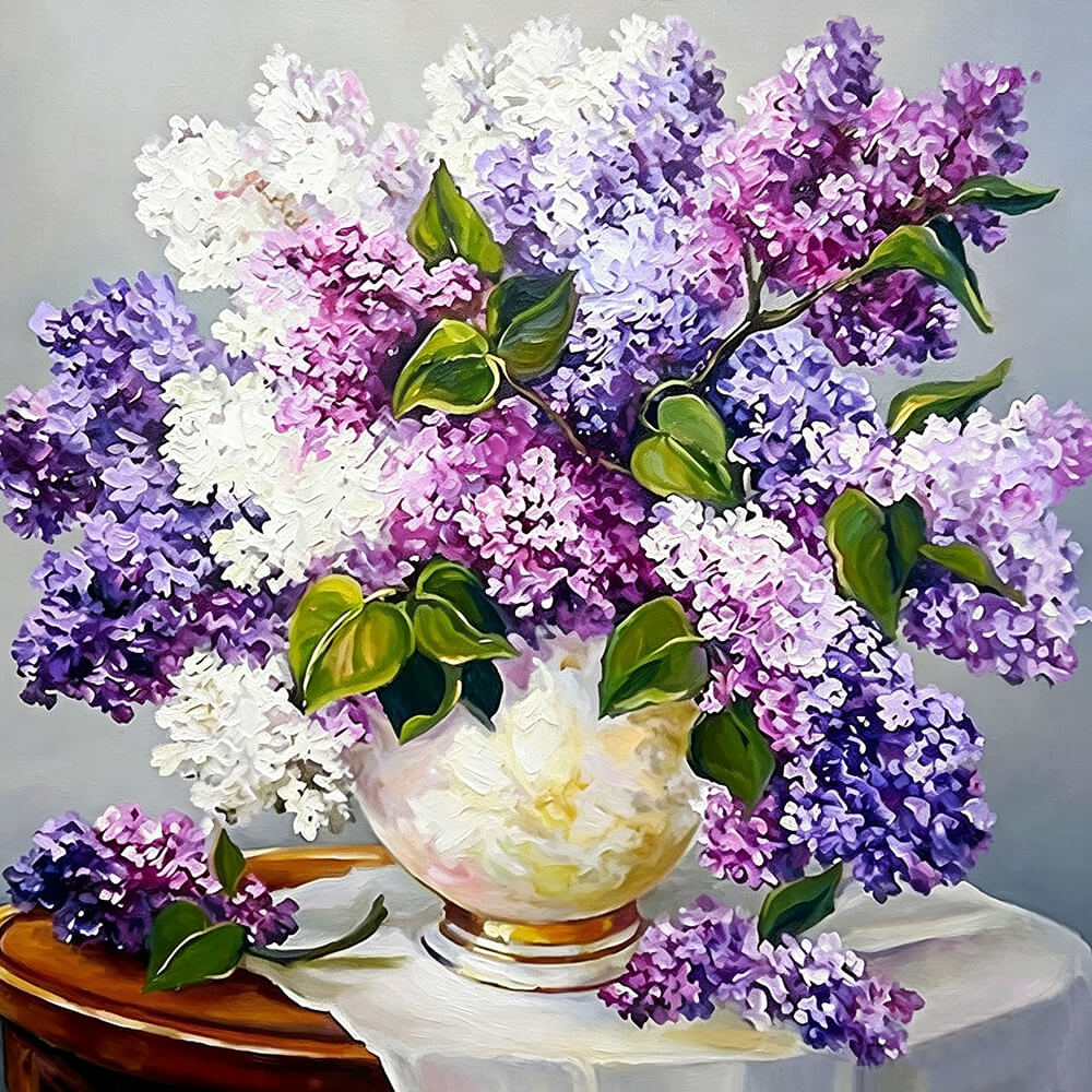 Purple and white lilacs still life cross stitch kit for beginners
