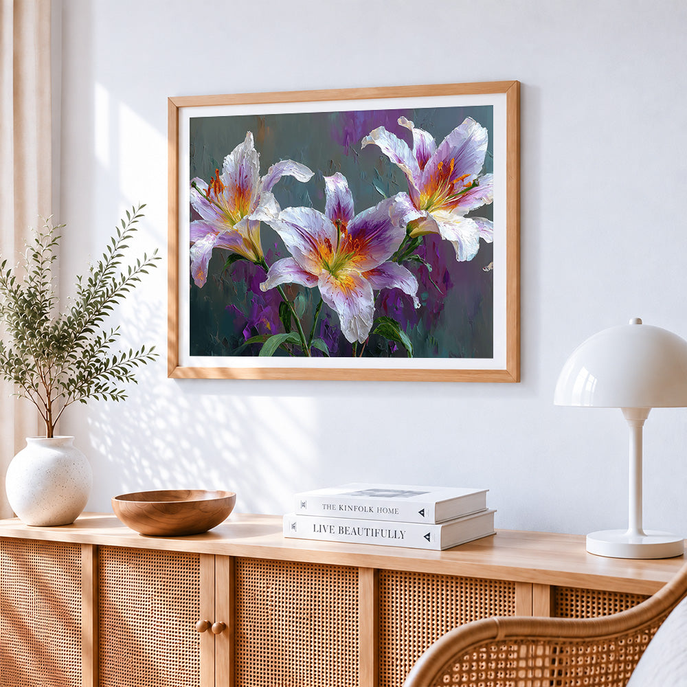 Purple and white lilies cross stitch artwork displayed on wall as home decor