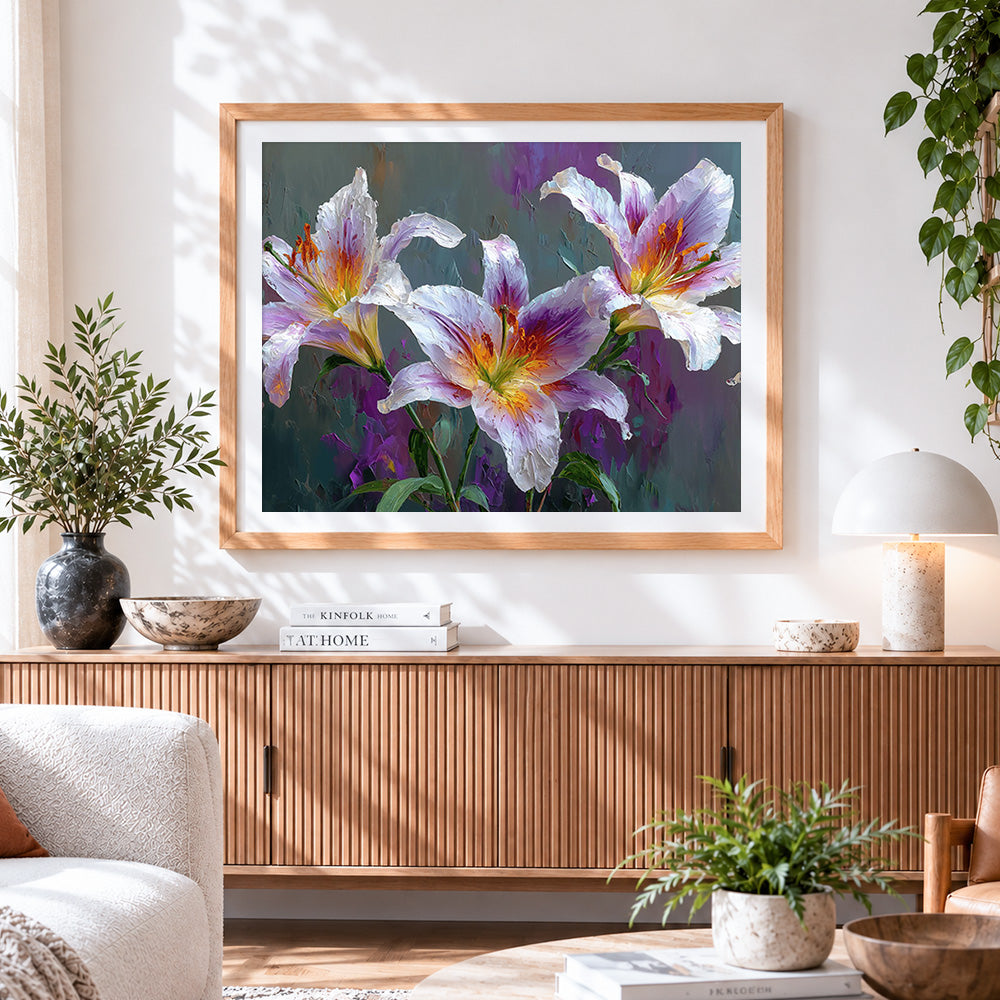 Finished purple and white lilies paint by numbers artwork displayed as home decor