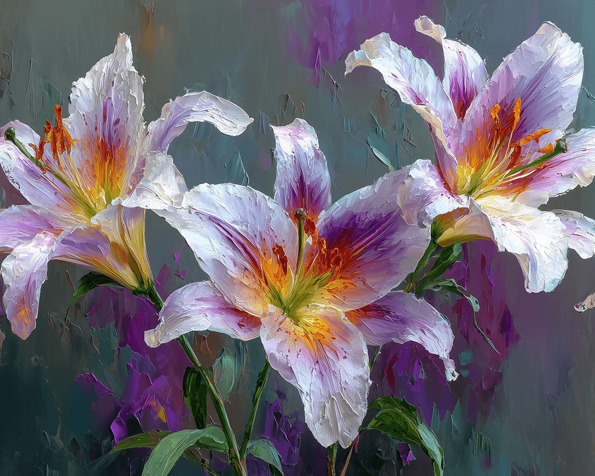 Purple and white lilies paint by numbers kit for beginners