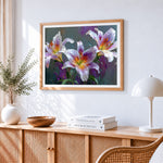 Purple and white lilies paint by numbers artwork displayed on wall as home decor