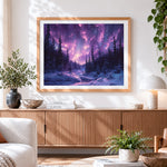 Finished purple aurora over snowy forest cross stitch artwork displayed