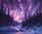 Purple aurora over snowy forest cross stitch kit for beginners