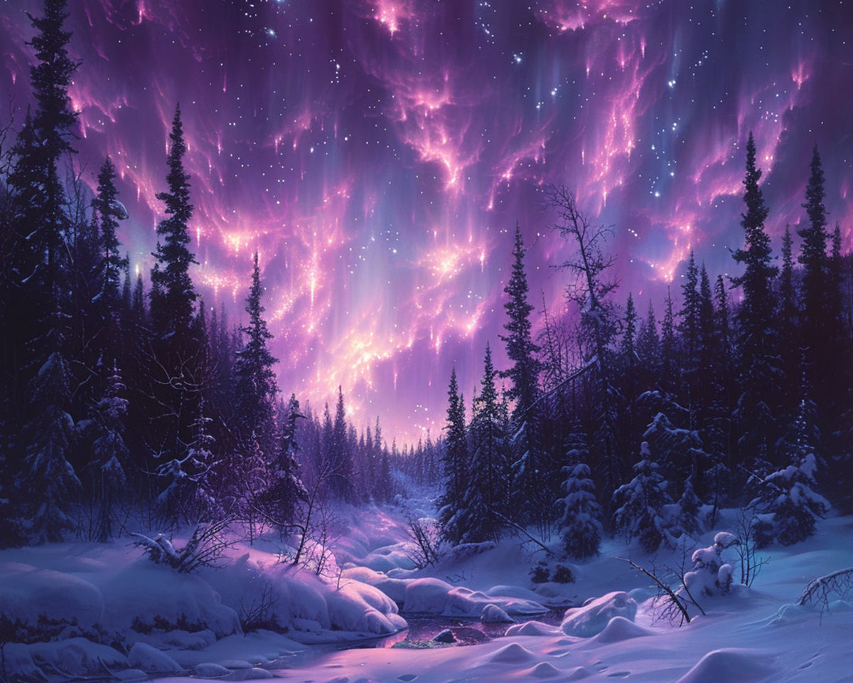 Purple aurora over snowy forest cross stitch kit for beginners