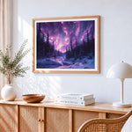 Purple aurora over snowy forest cross stitch artwork displayed on wall as home decor