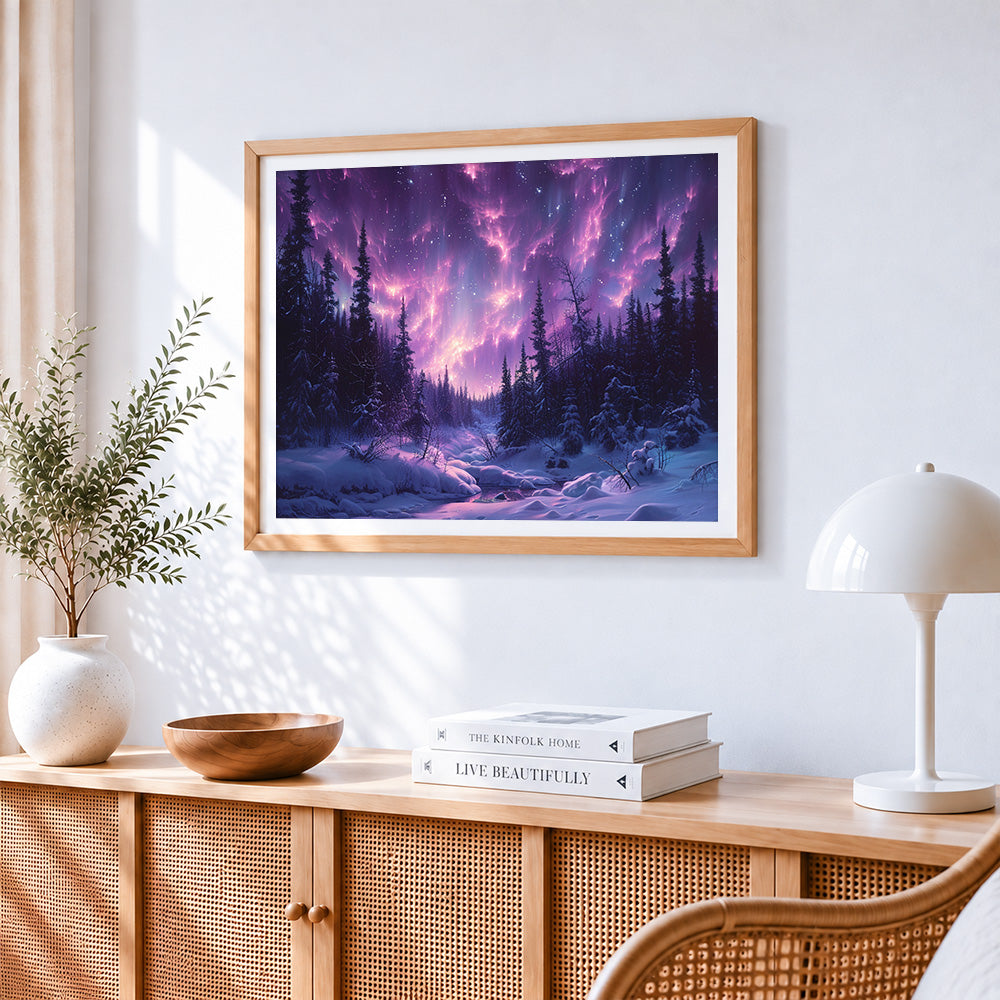 Purple aurora over snowy forest cross stitch artwork displayed on wall as home decor