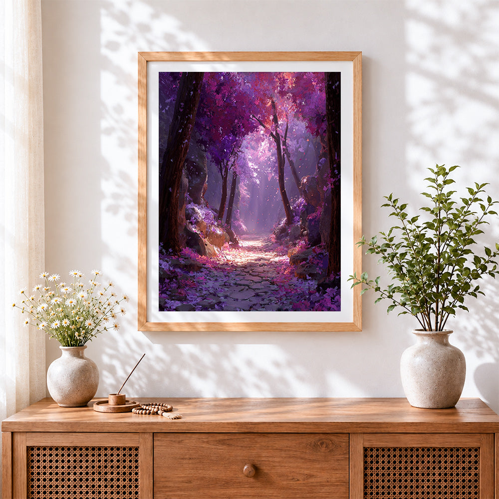 Finished purple blossom path cross stitch artwork displayed