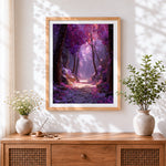 Finished purple blossom path cross stitch artwork displayed