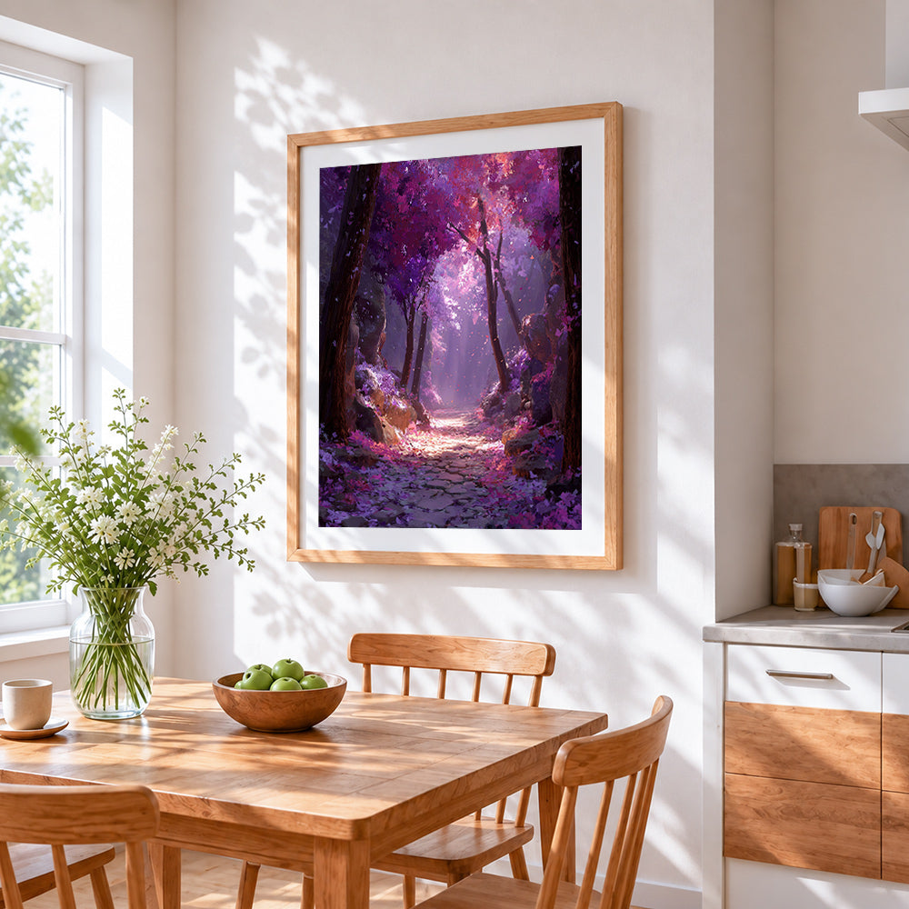 Purple blossom path cross stitch artwork displayed on wall as home decor