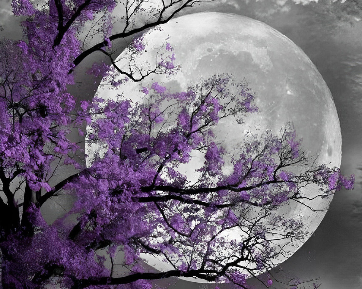 Purple blossom tree and full moon cross stitch kit for beginners
