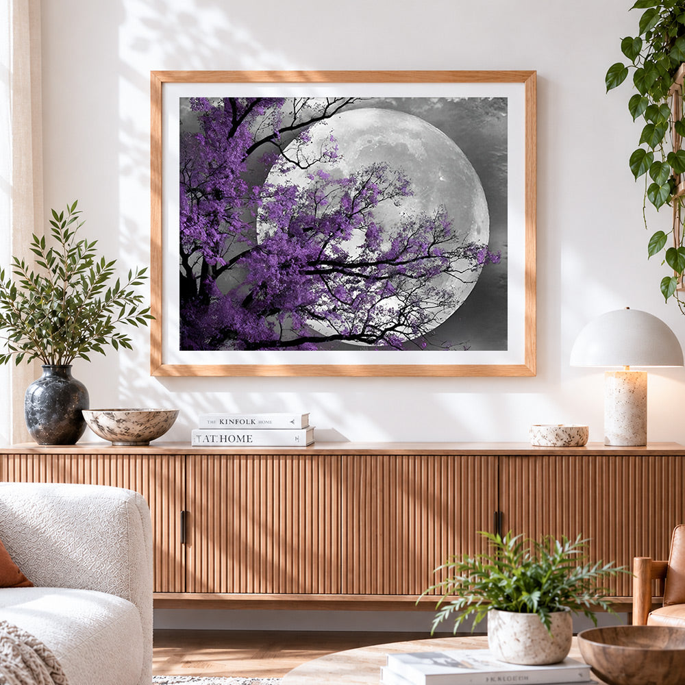 Finished purple blossom tree and full moon paint by numbers artwork displayed as home decor