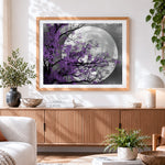 Finished purple blossom tree and full moon paint by numbers artwork displayed as home decor