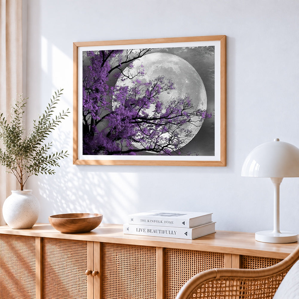 Purple blossom tree and full moon paint by numbers artwork displayed on wall as home decor
