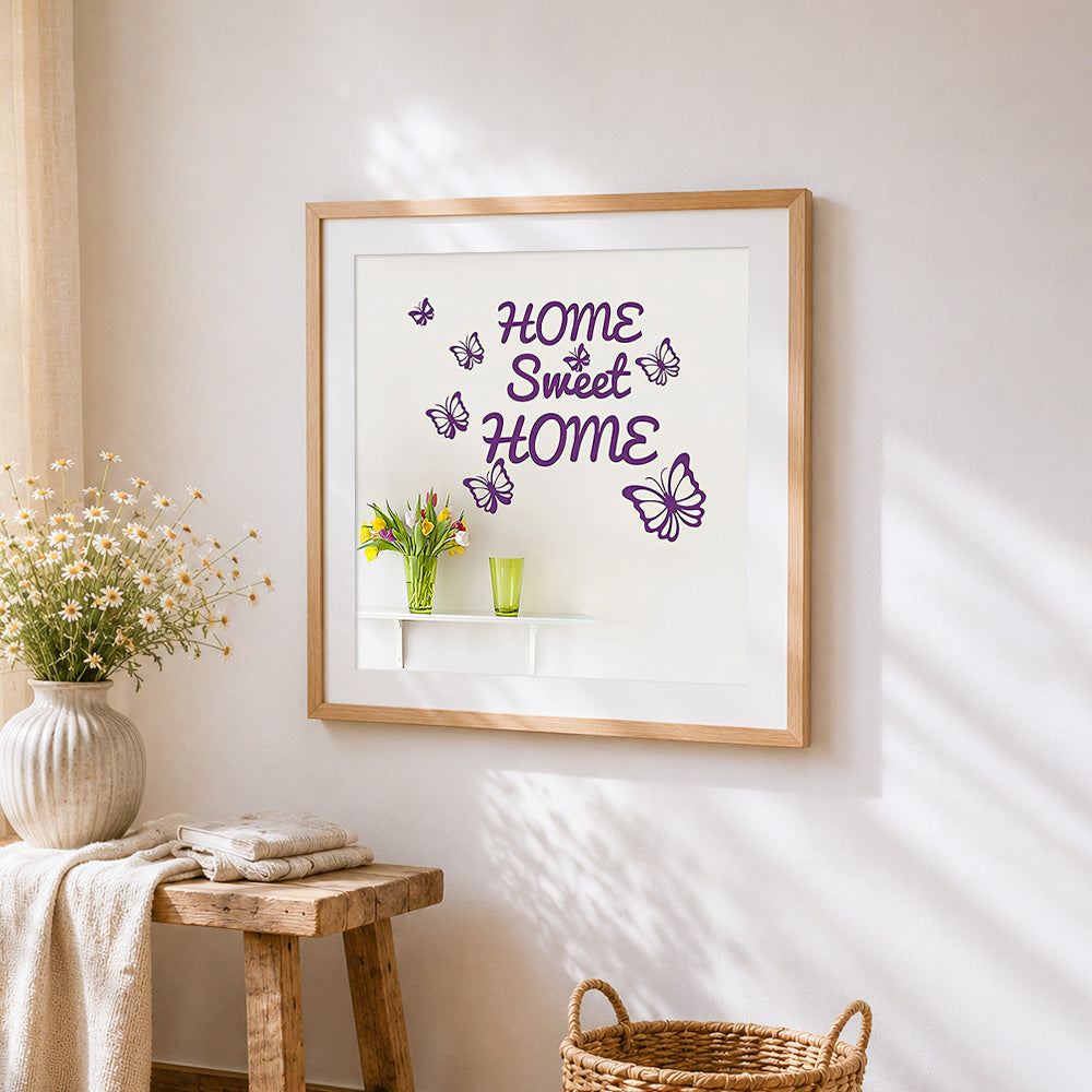 Purple butterflies and home sweet home sign cross stitch artwork displayed on wall as home decor