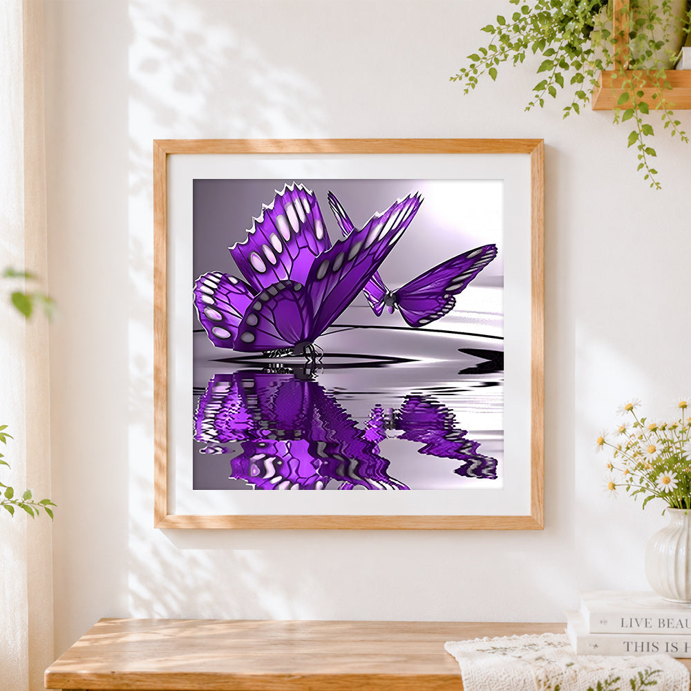 Finished purple butterflies with water reflection cross stitch artwork displayed