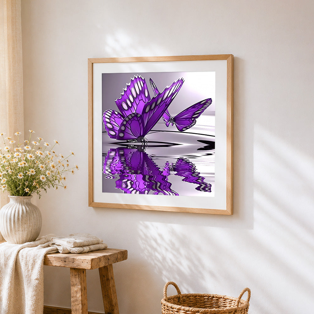 Purple butterflies with water reflection cross stitch artwork displayed on wall as home decor
