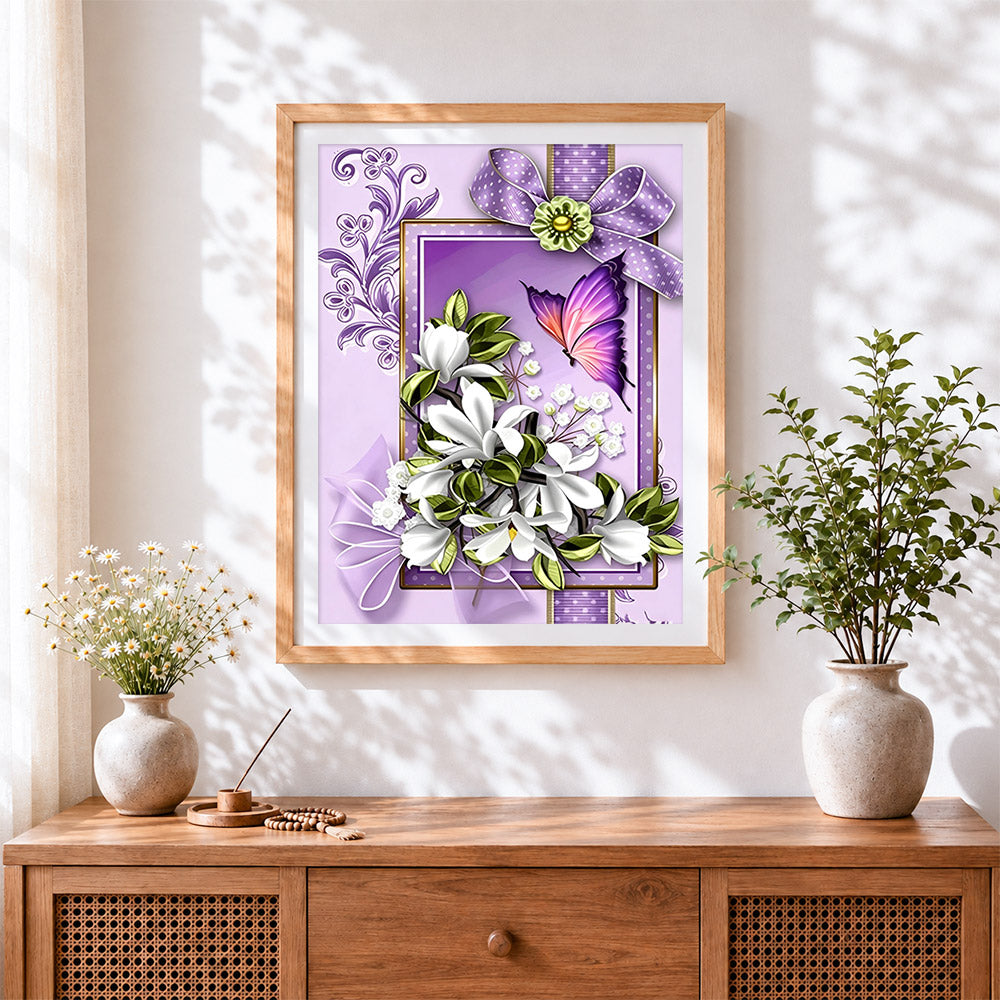 Finished purple butterfly and white magnolias cross stitch artwork displayed