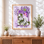 Finished purple butterfly and white magnolias cross stitch artwork displayed