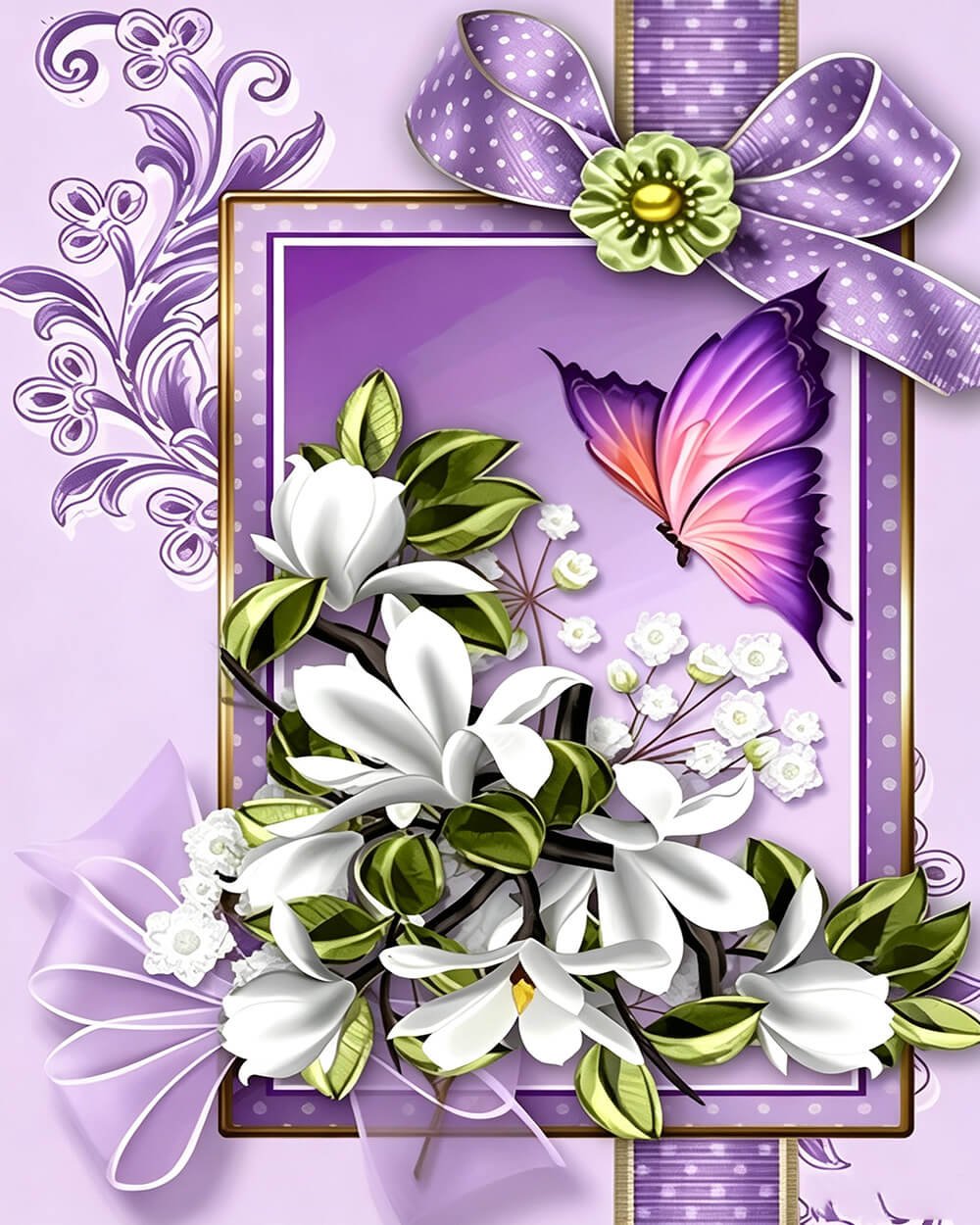 Purple butterfly and white magnolias cross stitch kit for beginners
